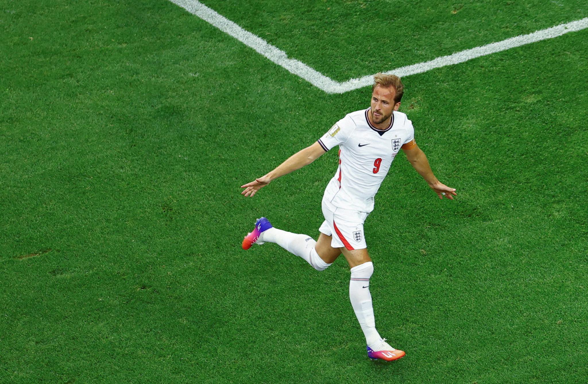 England's Harry Kane celebrates scoring his team's second goal against Croatia.