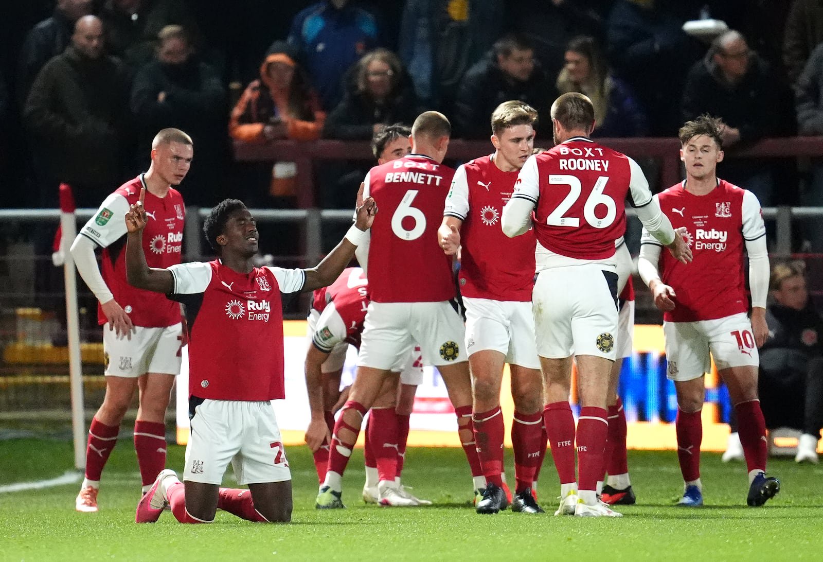 Aaron Loupalo-Bi celebrates scoring Fleetwood's first goal. Photograph: Nick Potts/PA