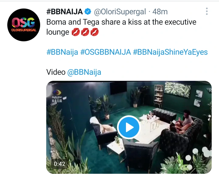 #BBNaija 2021: Watch Boma And Tega Share A Passionate Kiss At The Executive Lounge