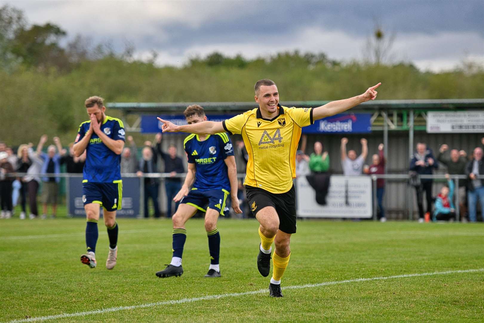 Tadley goal hero Charlie Barlow equalises against Dartford in the FA Cup. Photo by Rob Mellor
