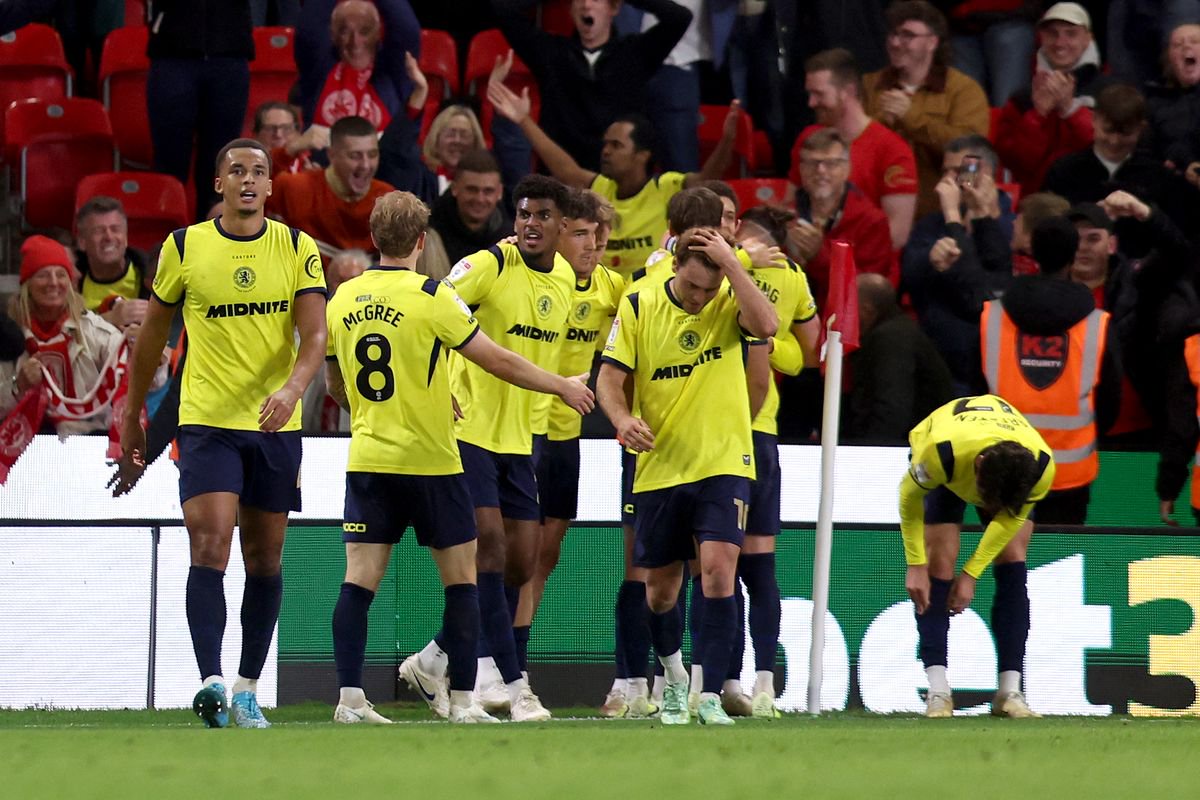Neto Borges of Middlesbrough celebrates with teammates after scoring a late winner at Stoke
