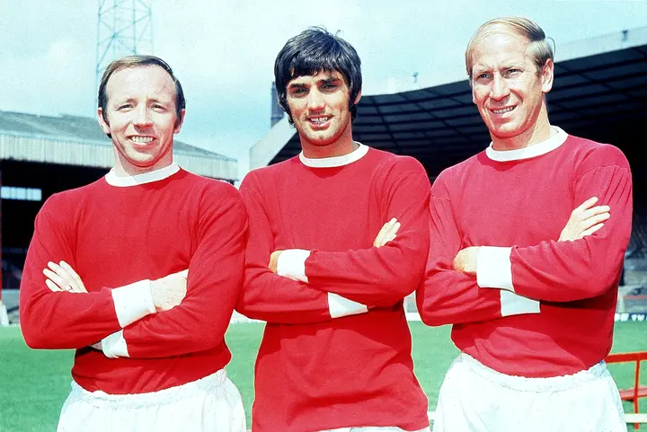 <p>Stiles (left) with George Best and Bobby Charlton in his Man Utd days.&nbsp;</p>
