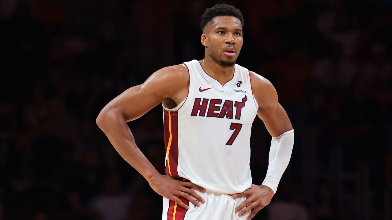 Oct 8, 2026; Miami, Florida, USA; Miami Heat forward Giannis Antetokounmpo (7) looks on against the New Orleans Pelicans during the second quarter at Kaseya Center. Mandatory Credit: Sam Navarro-Imagn Images