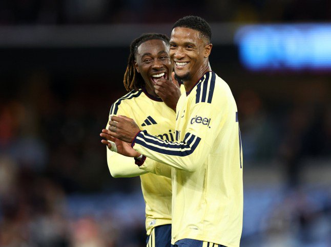 BIRMINGHAM, ENGLAND - AUGUST 31: Ezri Konsa of Arsenal and Eberechi Eze of Arsenal react after the match during the Premier League 2026/27 match between Aston Villa FC and Arsenal FC at Villa Park on August 31, 2026 in Birmingham, England. (Photo by Molly Darlington/Getty Images)