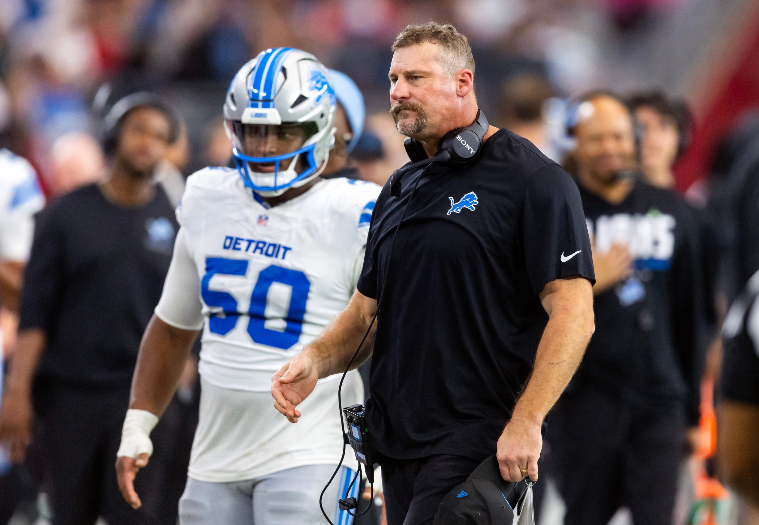 Oct 11, 2026; Glendale, Arizona, USA;  Detroit Lions head coach Dan Campbell against the Arizona Cardinals at State Farm Stadium.  Mandatory Credit: Mark J. Rebilas-Imagn Images