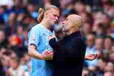 Erling Haaland of Manchester City clashes with manager Josep Guardiola after being substituted during the Premier League match between Manchester C...