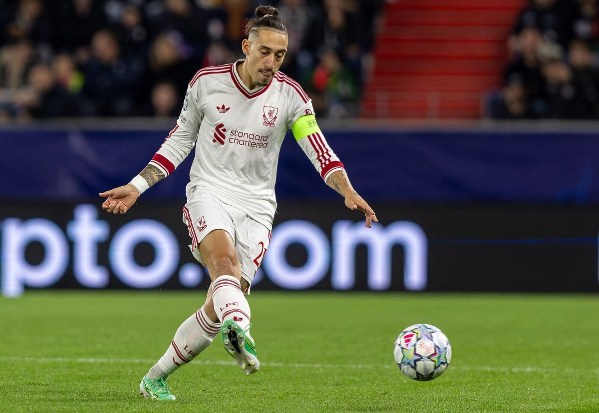 Liverpool's Greek defender #21 Kostas Tsimikas plays the ball during the UEFA Champions League football match between LASK and Liverpool FC in Linz, Austria on October 14, 2026. (Photo by Branislav Racko / AFP via Getty Images)
