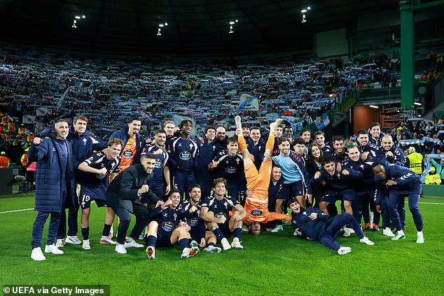Celta Viga players celebrate in style as they become the latest side to triumph at Celtic Park
