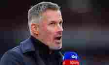 Pundit Jamie Carragher during the Premier League match between Aston Villa and West Ham United at Villa Park on October 22, 2023 in Birmingham, Eng...