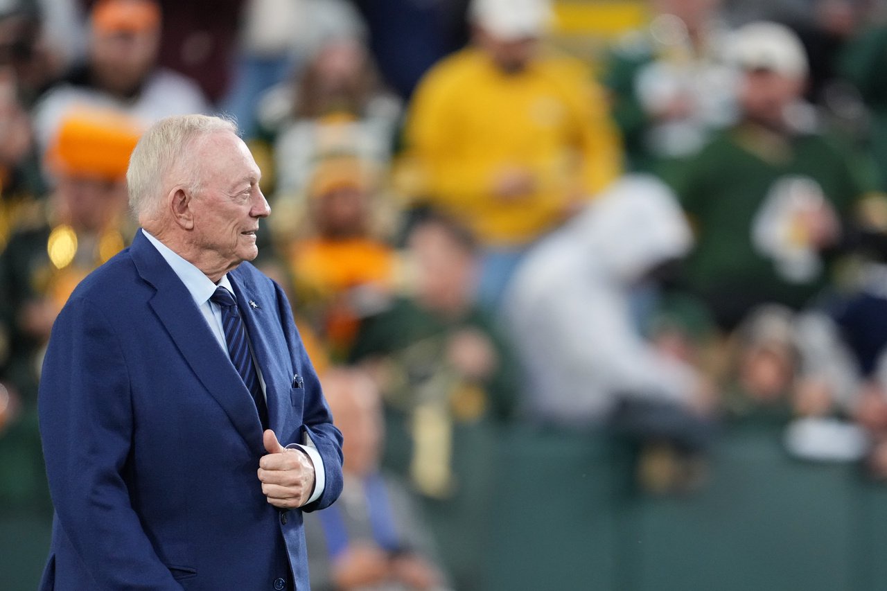 GREEN BAY, WISCONSIN - OCTOBER 18: Jerry Jones, owner of the Dallas Cowboys, looks on from the field prior to the game against the Green Bay Packers at Lambeau Field on October 18, 2026 in Green Bay, Wisconsin. (Photo by Patrick McDermott/Getty Images)
