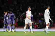 Declan Rice of Arsenal looks dejected after the team's defeat in the Emirates FA Cup Third Round match between Arsenal and Liverpool at Emirates St...