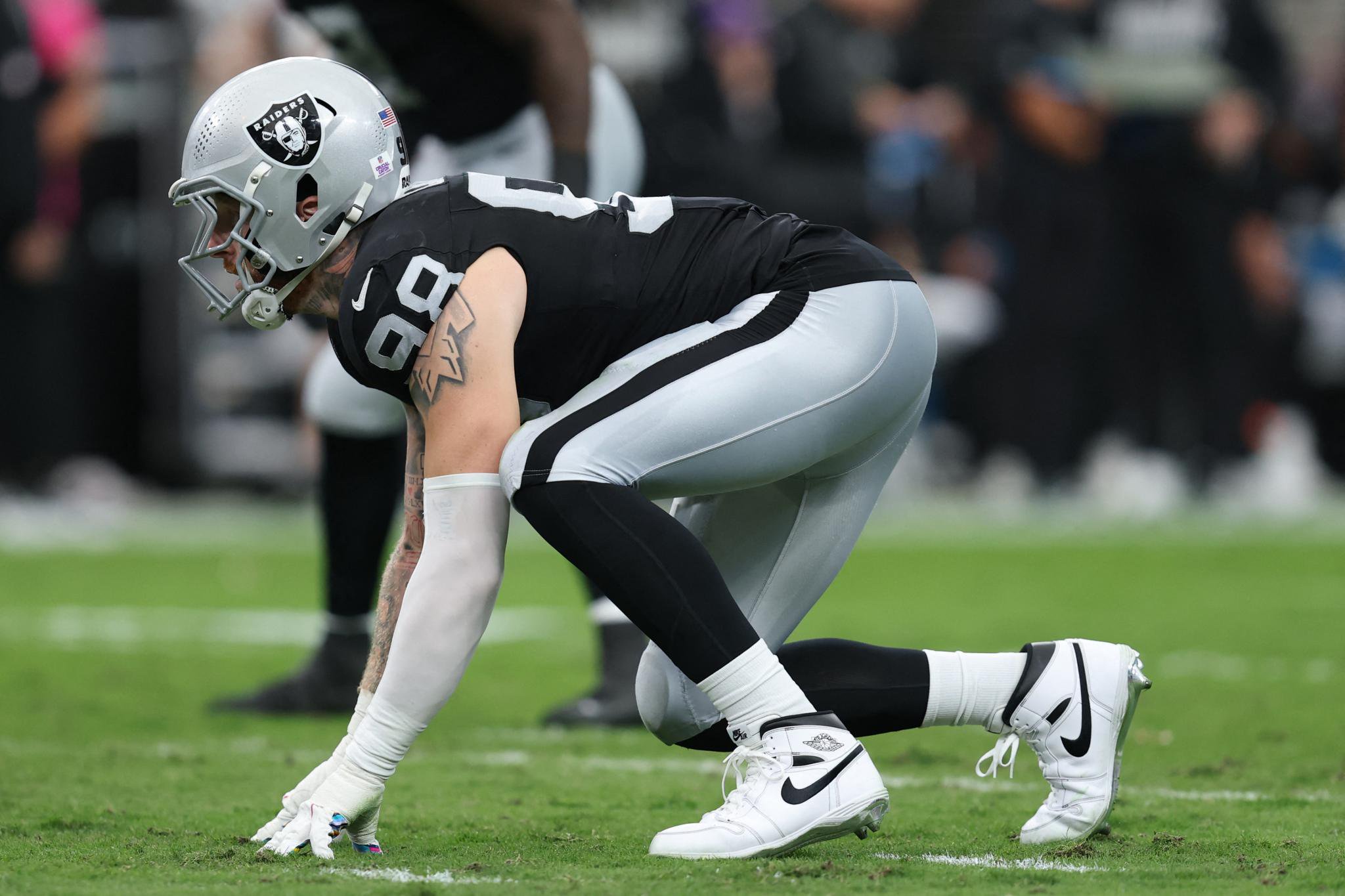 Las Vegas Raiders defensive end Maxx Crosby (98) prepares for the snap in the first quarter against the Buffalo Bills during an NFL football game at Allegiant Stadium in Paradise, Nevada, Sunday, Oct. 18, 2026.