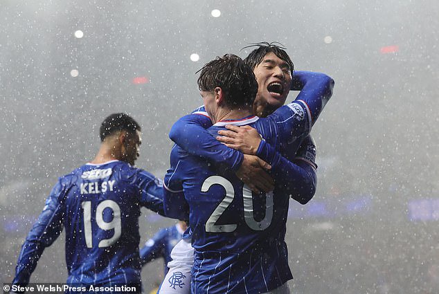 Naderi celebrates his goal in a game that showed the potential of Rangers' attacking unit