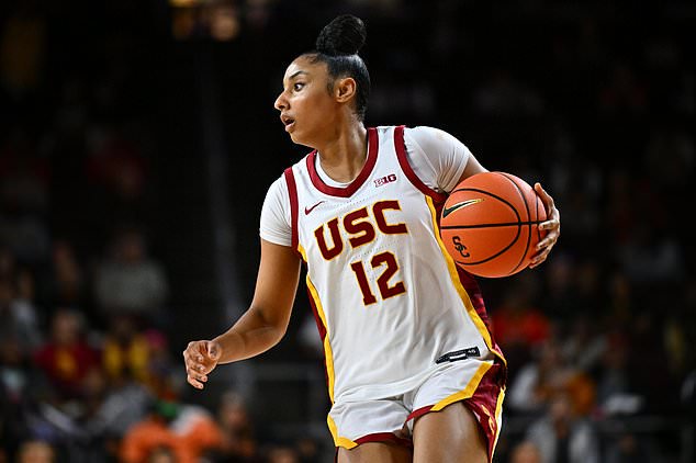 Southern California guard Juju Watkins dribbles during the first half of an NCAA college basketball exhibition game against California, Sunday, Oct. 25, 2026, in Los Angeles. (AP Photo/William Liang)