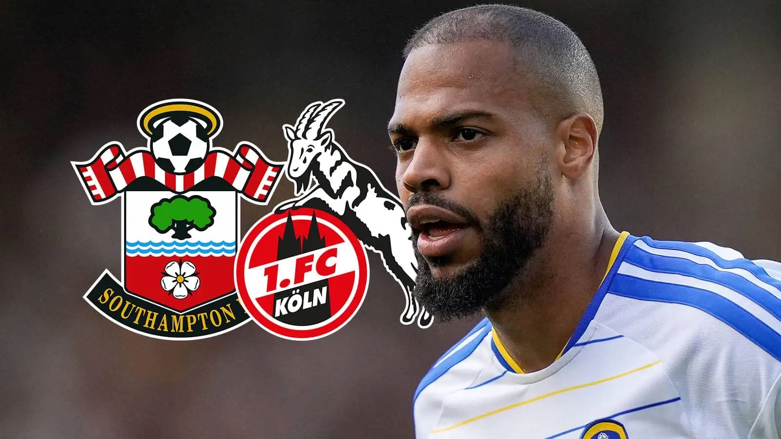 Leeds United striker Lukas Nmecha next to the badges of FC Koln and Southampton