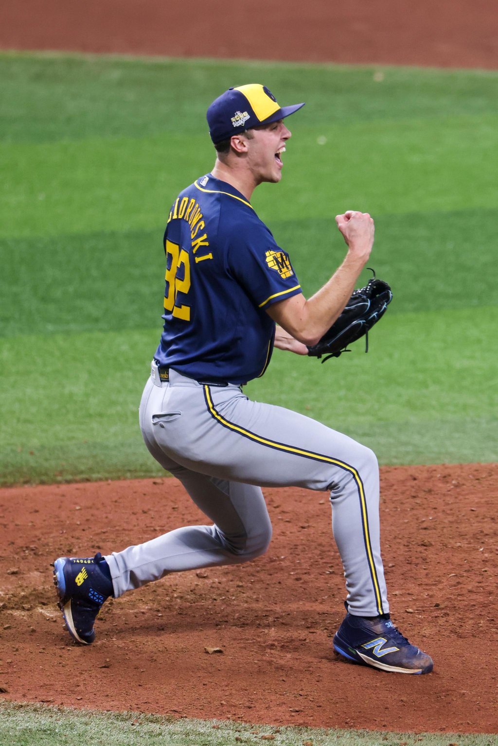 Milwaukee Brewers pitcher Jacob Misiorowski reacts after striking out a batter during Game 5 of the World Series against the Tampa Bay Rays.