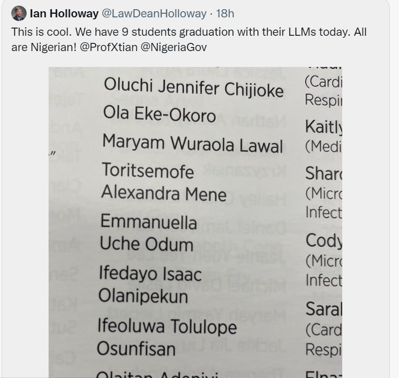 Dean at Canadian university announces that all of their law graduands are Nigerians 