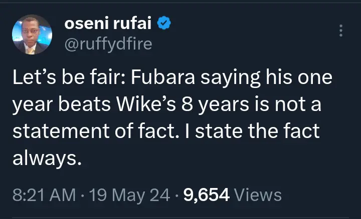 Oseni Rufai Reacts After Fubara Said Year Office Beats Wike’s Eight Years