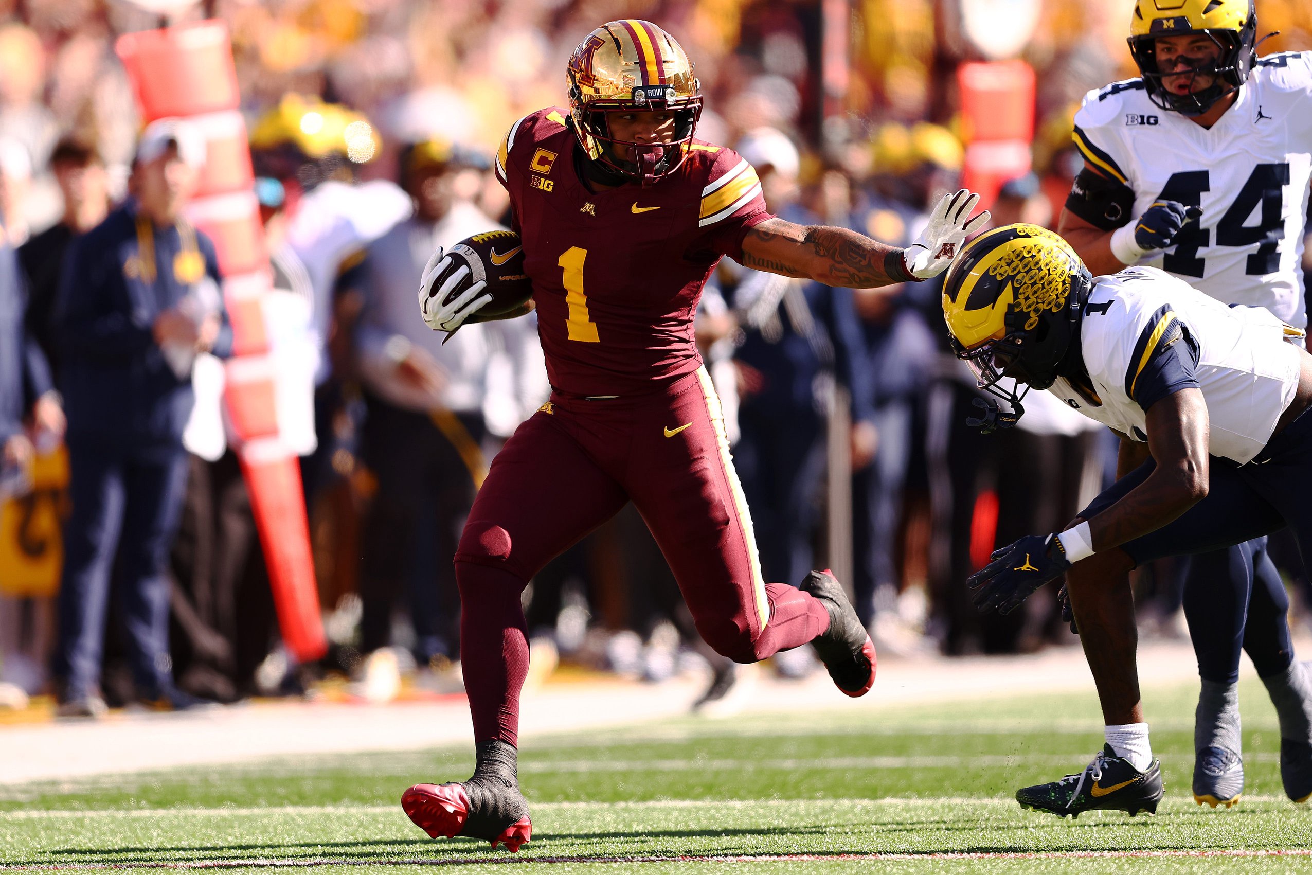 Darius Taylor #1 of the Minnesota Golden Gophers runs after a catch against the Michigan Wolverines at TCF Bank Stadium on October 03, 2026 in Minneapolis, Minnesota.