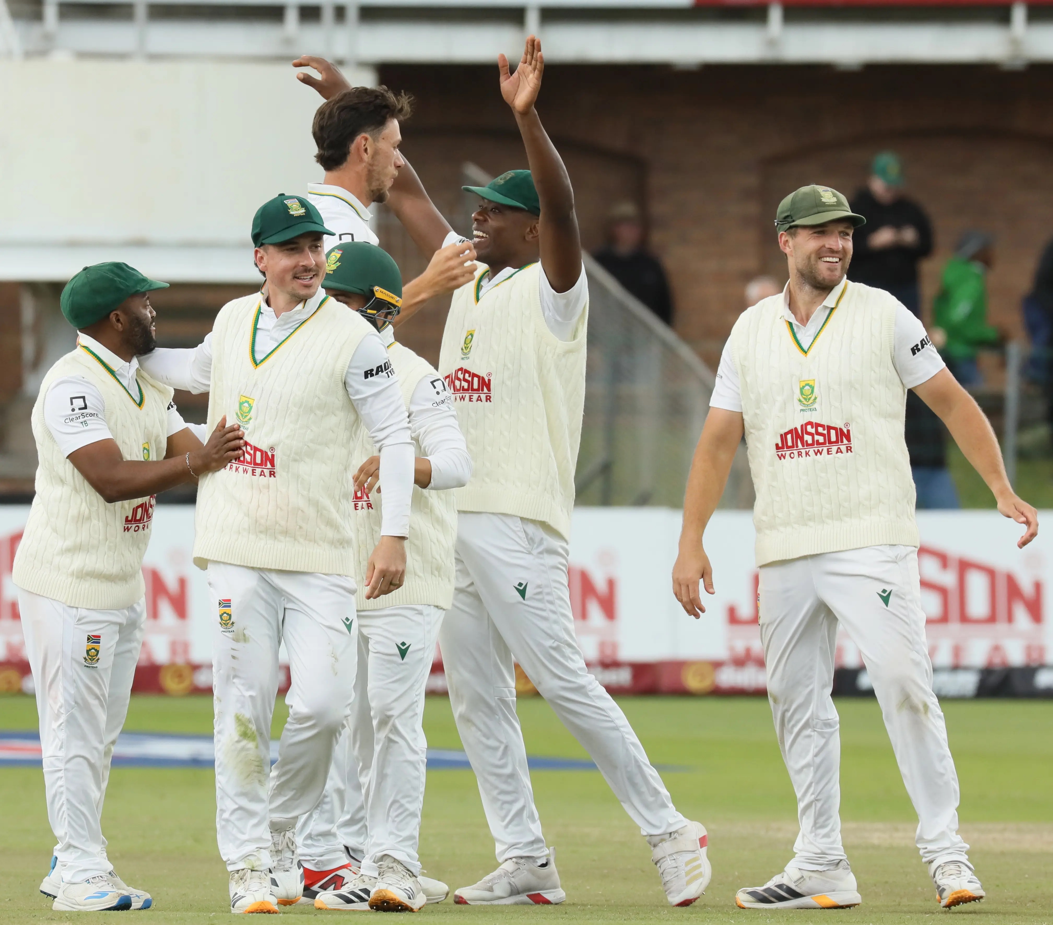The Proteas celebrate taking the final wicket as they crushed Australia by an innings and 31 runs in the second Dafabet Test Match at St George's Park in Gqeberha on Thursday.