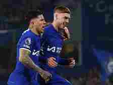 Chelsea's Cole Palmer celebrates scoring their second goal with Enzo Fernandez on March 11, 2024