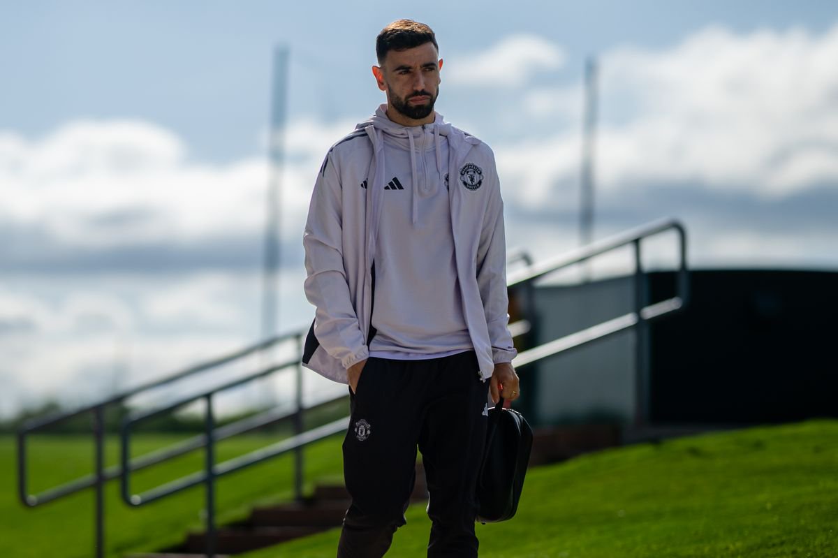 Bruno Fernandes of Manchester United arrives ahead of a first team training session at Carrington Training Ground