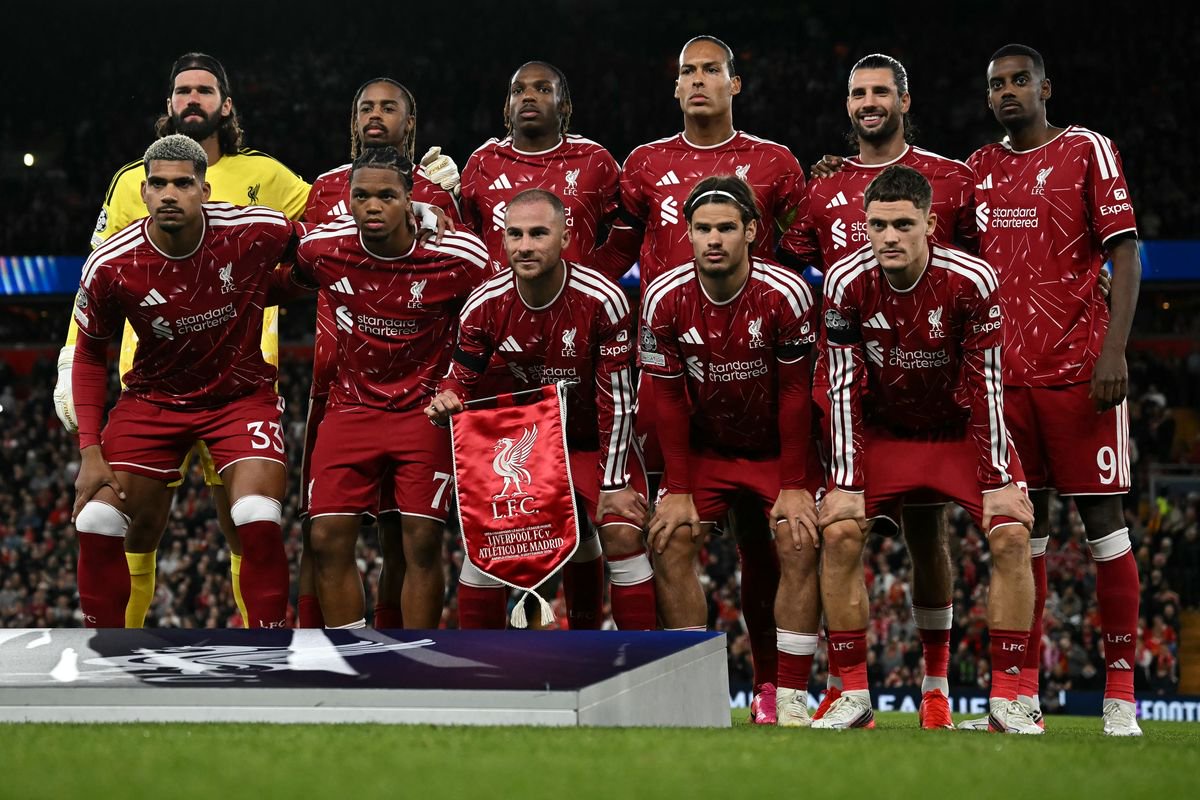 Bradley Barcola and Jeremy Jacquet pose for a team photo before the UEFA Champions League football match between Liverpool and Atletico Madrid at Anfield 