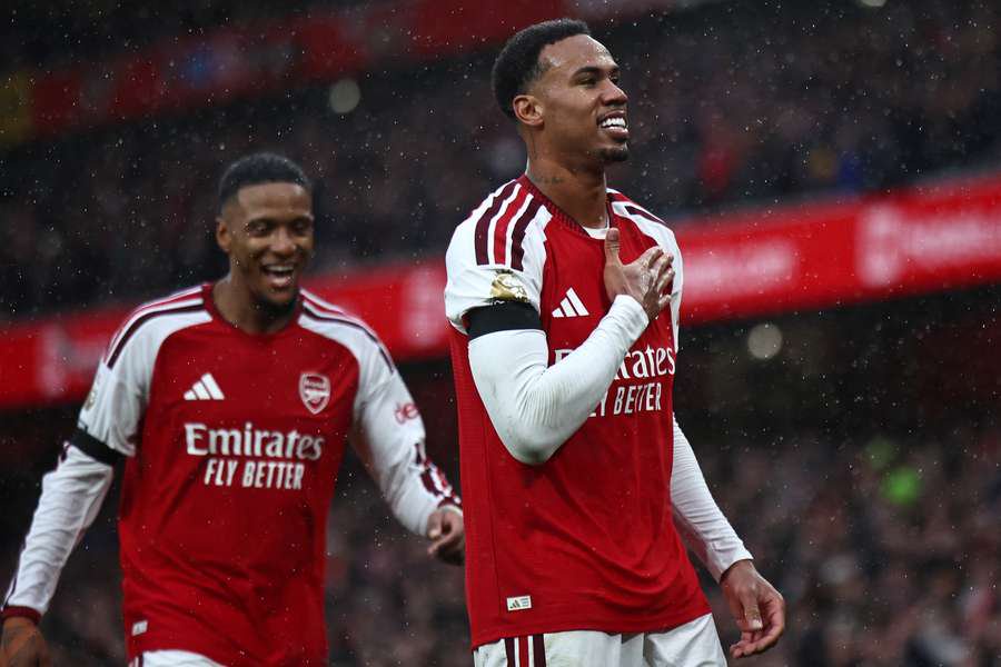 Gabriel Magalhaes celebrates after scoring Arsenal's second goal in the 68th minute