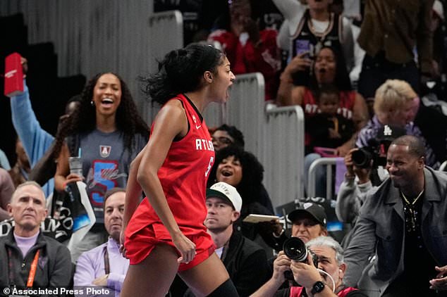 Atlanta Dream's Angel Reese reacts during the first half of Game 6 of the WNBA basketball finals against the Golden State Valkyries on Thursday, Oct. 29, 2026, in Atlanta. (AP Photo/Brynn Anderson)