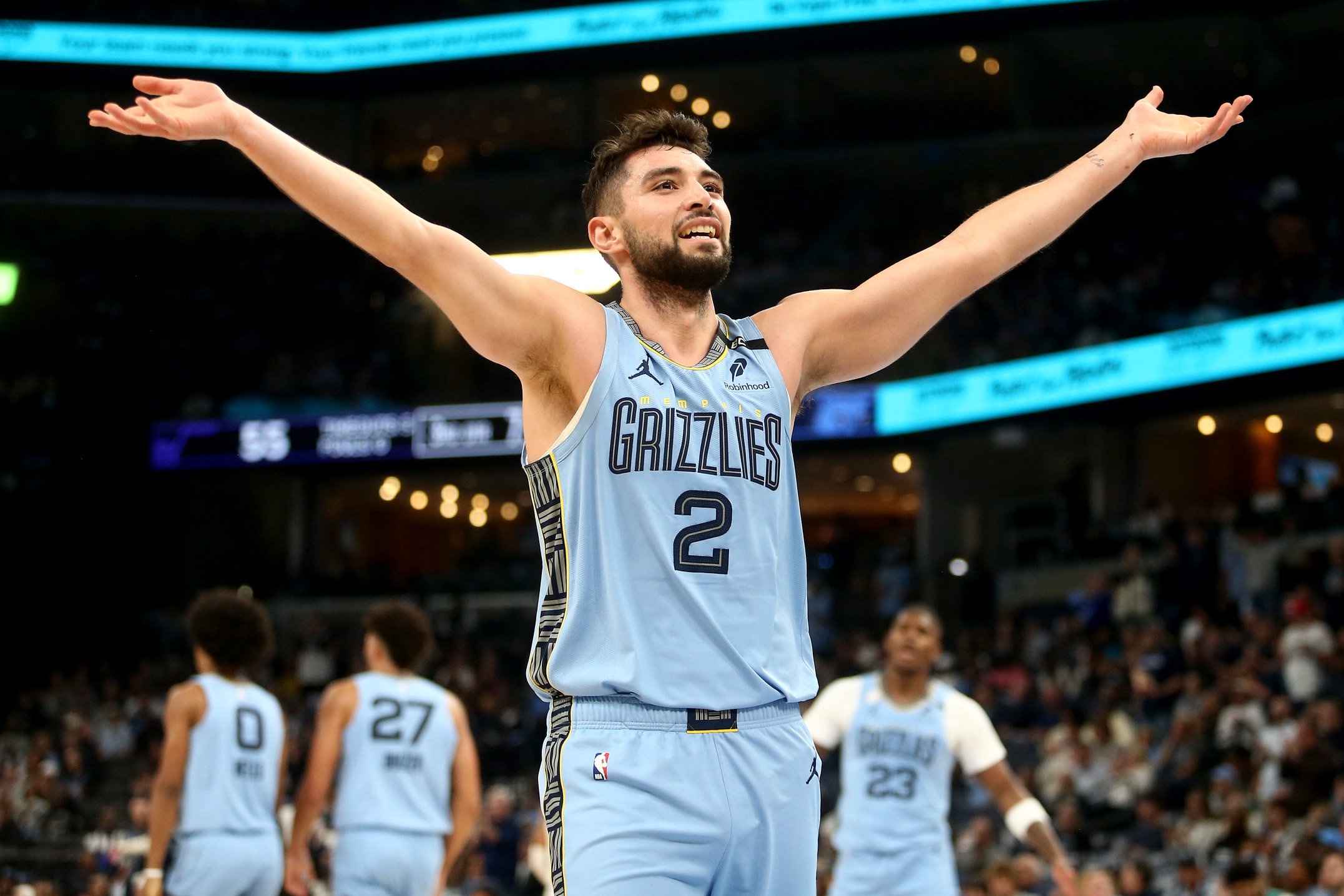 Oct 21, 2026; Memphis, Tennessee, USA;  Memphis Grizzlies guard Ty Jerome (2) pumps up the crowd during the third quarter against the Utah Jazz at FedExForum.  Mandatory Credit: Petre Thomas-Imagn Images