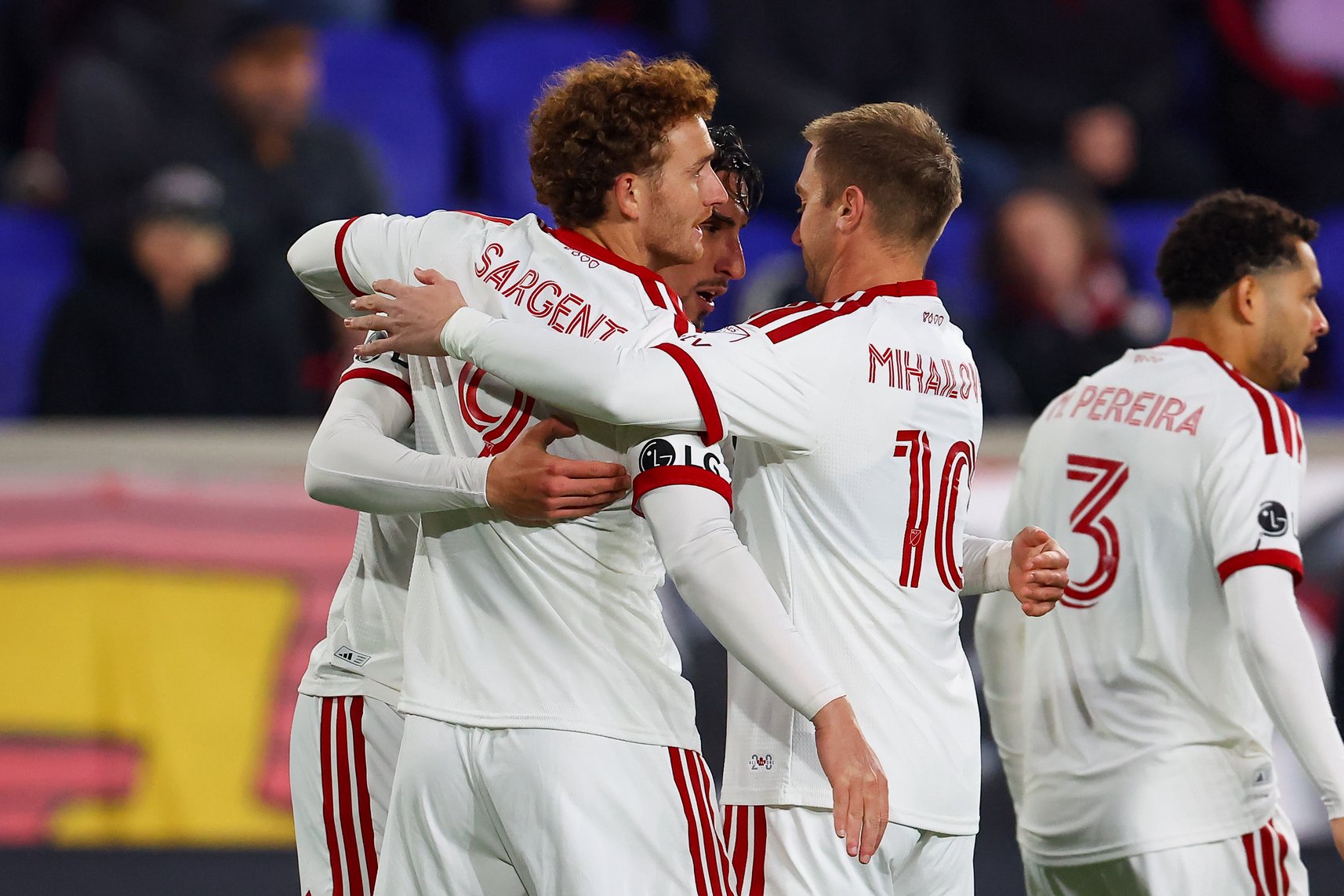 HARRISON, NJ - OCTOBER 17:  Josh Sargent #9 of the Toronto FC celebrates after scoring during the first half of the game against the Red Bull New York at Sports Illustrated Stadium on October 17, 2026 in Harrison, New Jersey.  (Photo by Rich Graessle/Icon Sportswire via Getty Images)
