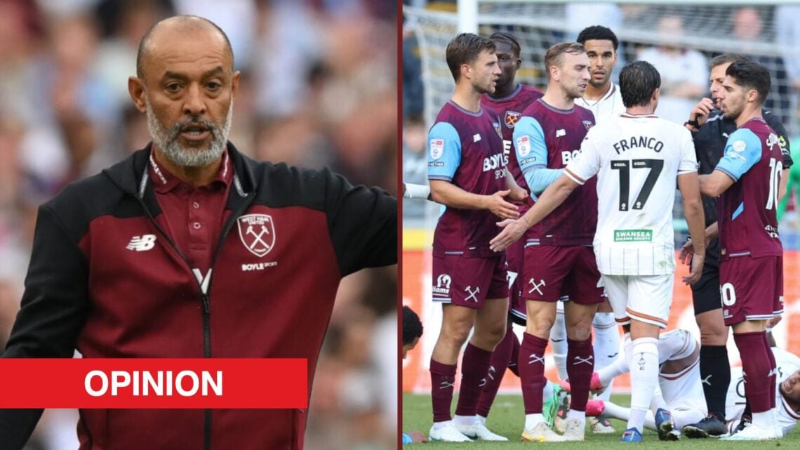 Split image showing Nuno Espirito Santo, and the West Ham United players in action at Swansea City