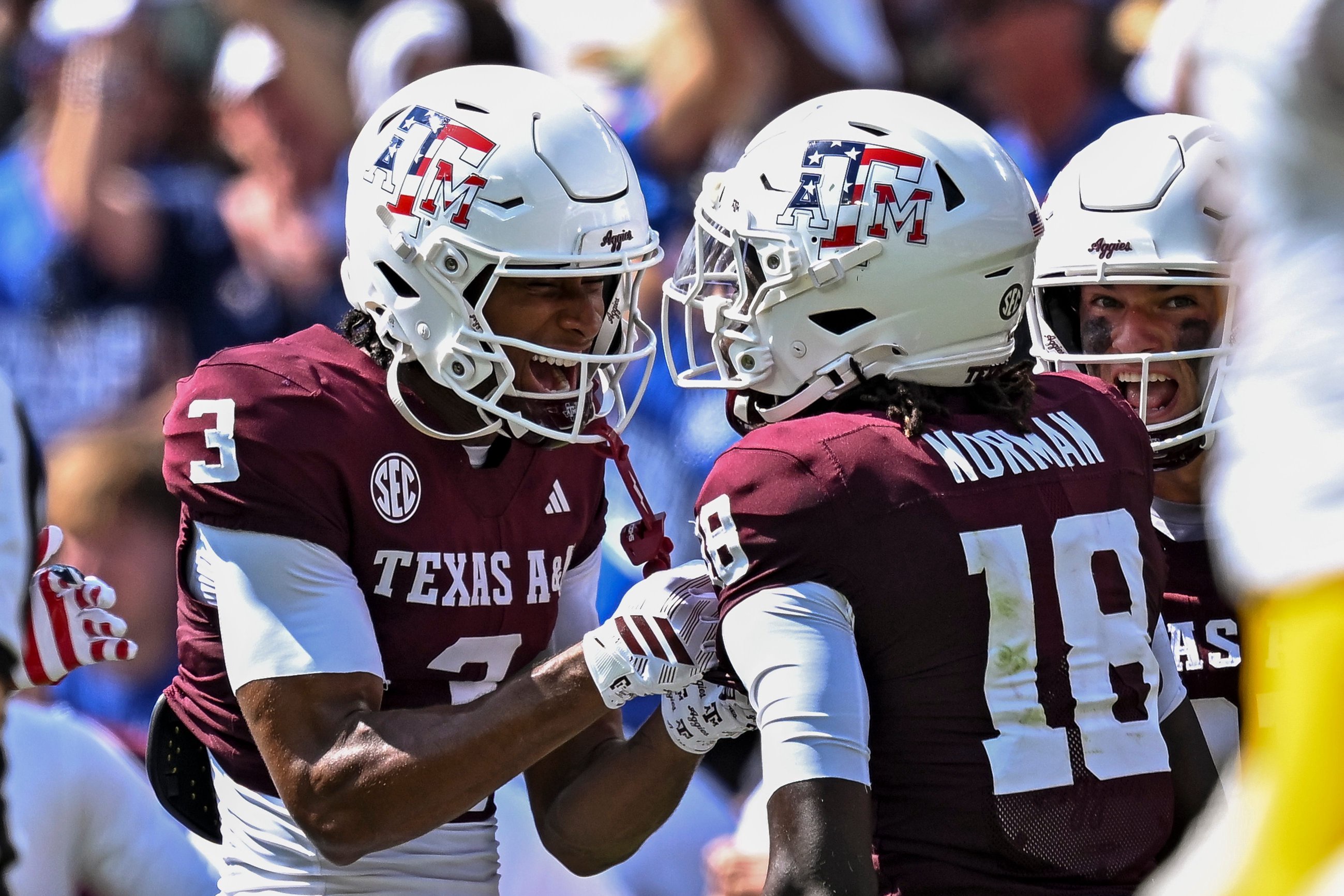 Sep 12, 2026; College Station, Texas, USA; Texas A&amp;M Aggies wide receiver Aaron Gregory (3) and wide receiver Tk Norman (18) celebrate during the first quarter against Arizona State Sun Devils  at Kyle Field. Mandatory Credit: Maria Lysaker-Imagn Images