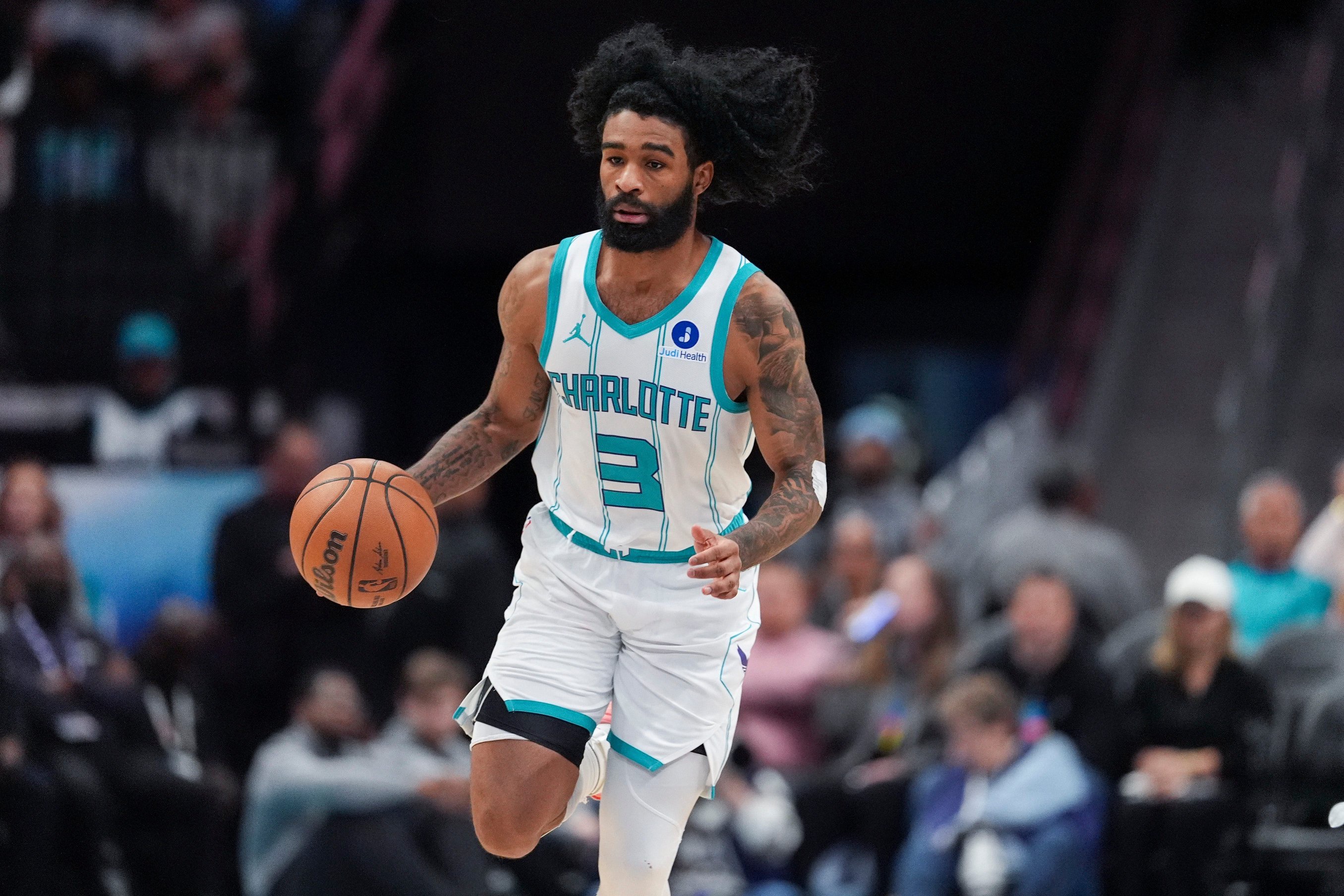 Mar 24, 2026; Charlotte, North Carolina, USA; Charlotte Hornets guard Coby White (3) brings the ball up court against the Sacramento Kings during the second half at Spectrum Center. Mandatory Credit: Jim Dedmon-Imagn Images