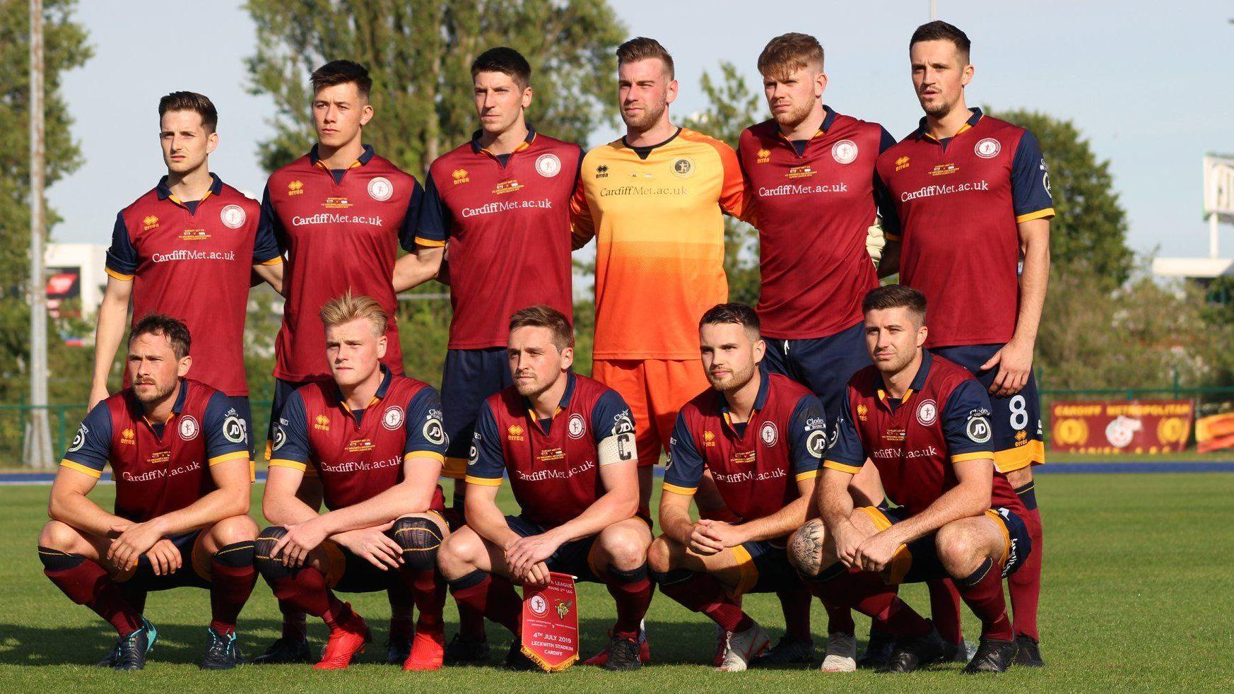Cardiff Met first team in dark red, six standing behind five crouching for a pre-match photo