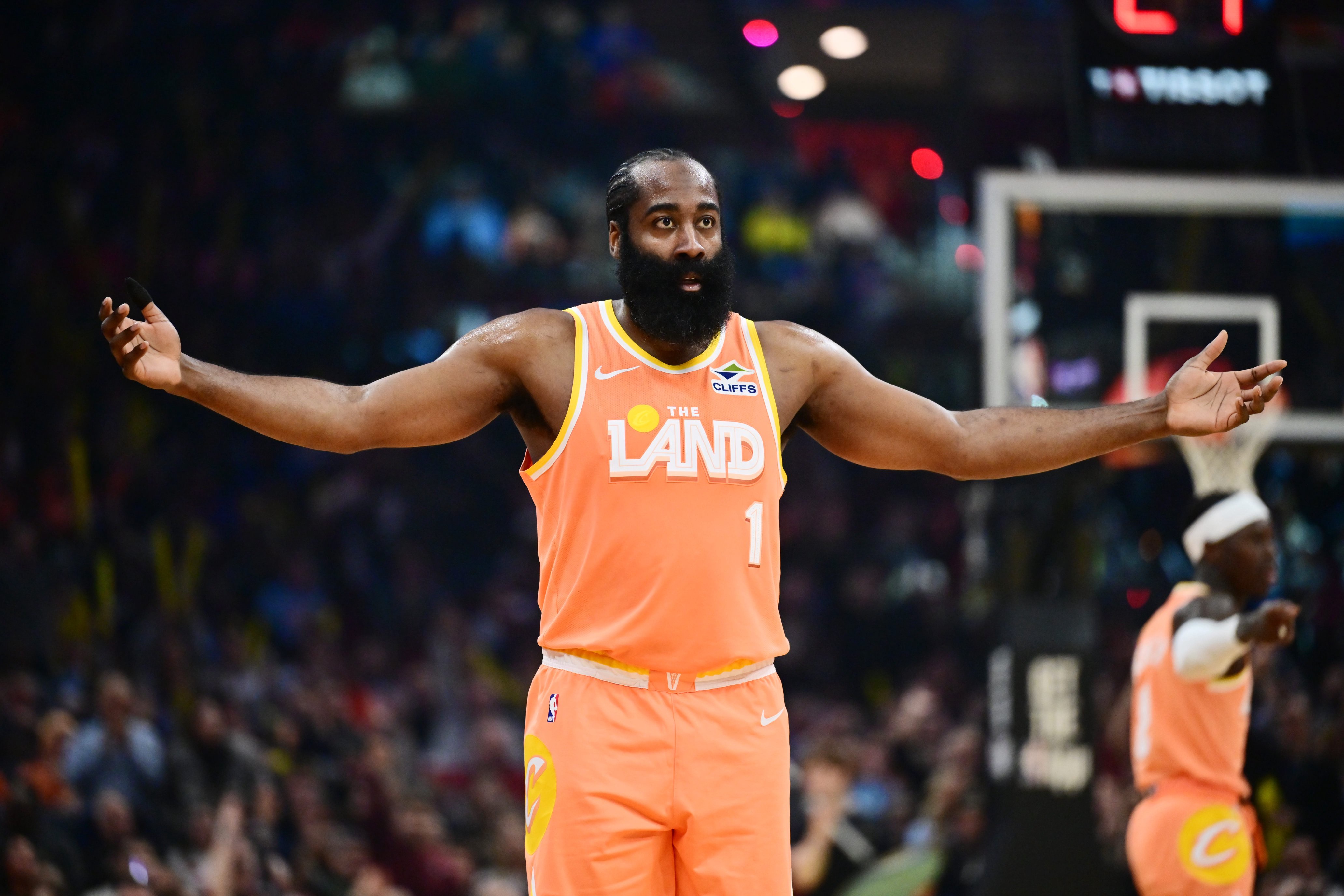 Feb 24, 2026; Cleveland, Ohio, USA; Cleveland Cavaliers guard James Harden (1) celebrates after hitting a three point basket against the New York Knicks during the second half at Rocket Arena. Mandatory Credit: Ken Blaze-Imagn Images