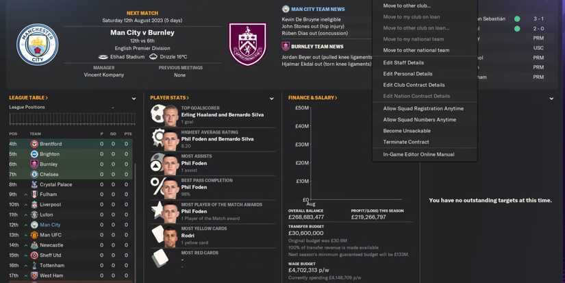 Screenshot showing Football Manager 2024 home screen, with in-game editor menu overlay on middle-right