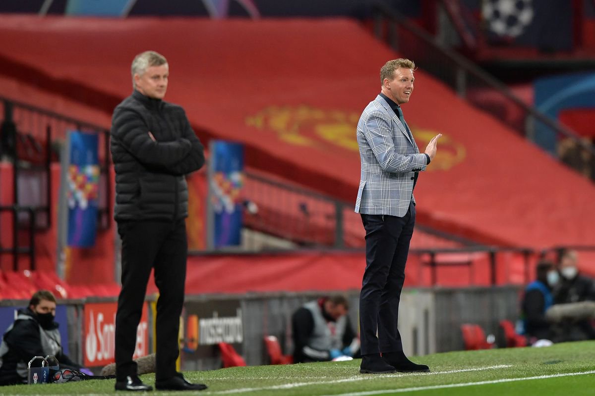MANCHESTER, ENGLAND - OCTOBER 28: (BILD ZEITUNG OUT) head coach Julian Nagelsmann of RB Leipzig looks on during the UEFA Champions League Group H stage match between Manchester United and RB Leipzig at Old Trafford on October 28, 2020 in Manchester, United Kingdom. Sporting stadiums around the UK remain under strict restrictions due to the Coronavirus Pandemic as Government social distancing laws prohibit fans inside venues resulting in games being played behind closed doors. (Photo by Vincent Mignott/DeFodi Images via Getty Images)