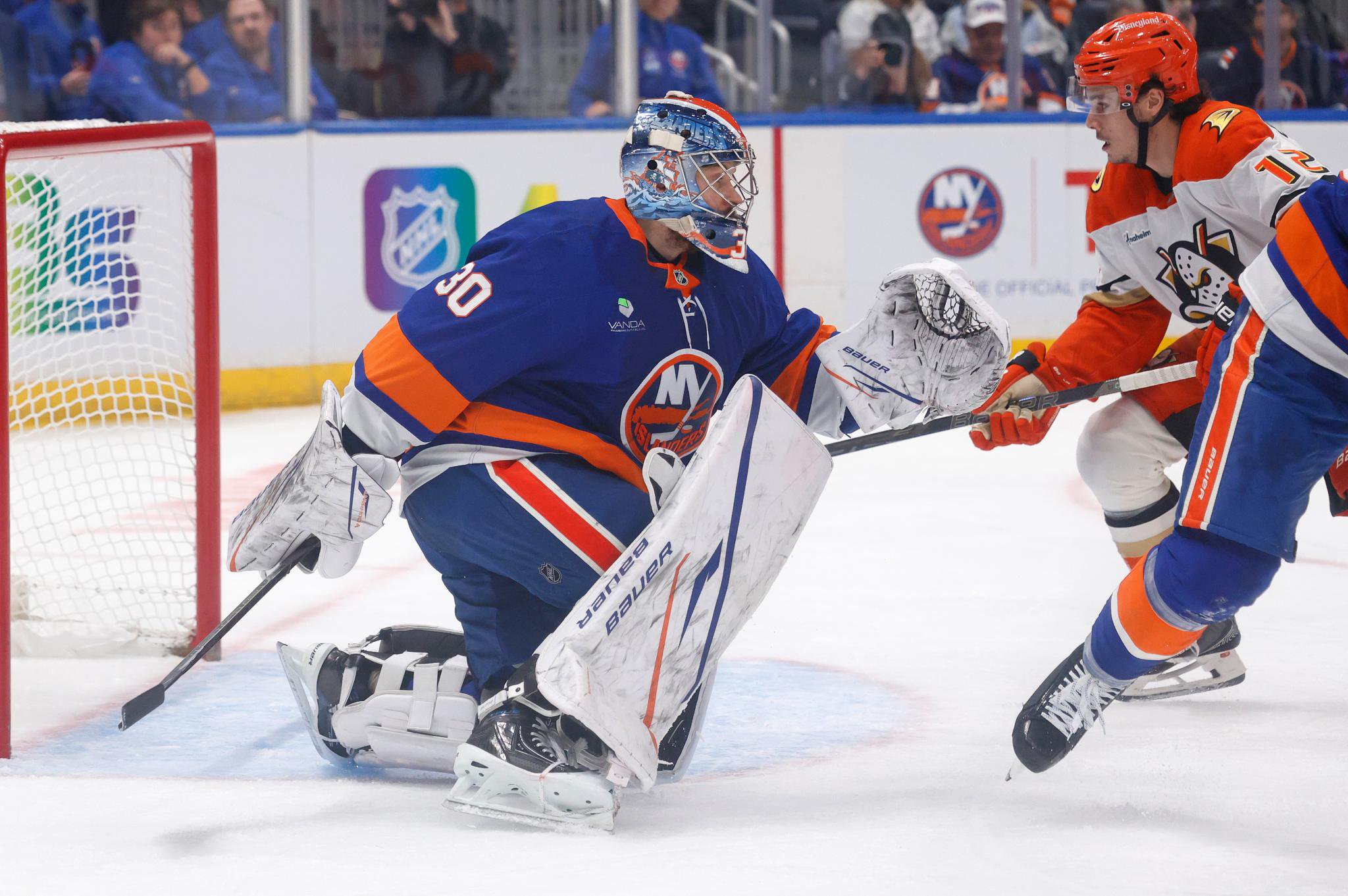 Ilya Sorokin defends the net during the Islanders' win over the Ducks.