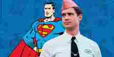 David Corenswet looking sideways in a scene from Hollywood and Superman standing with arms akimbo in the comics