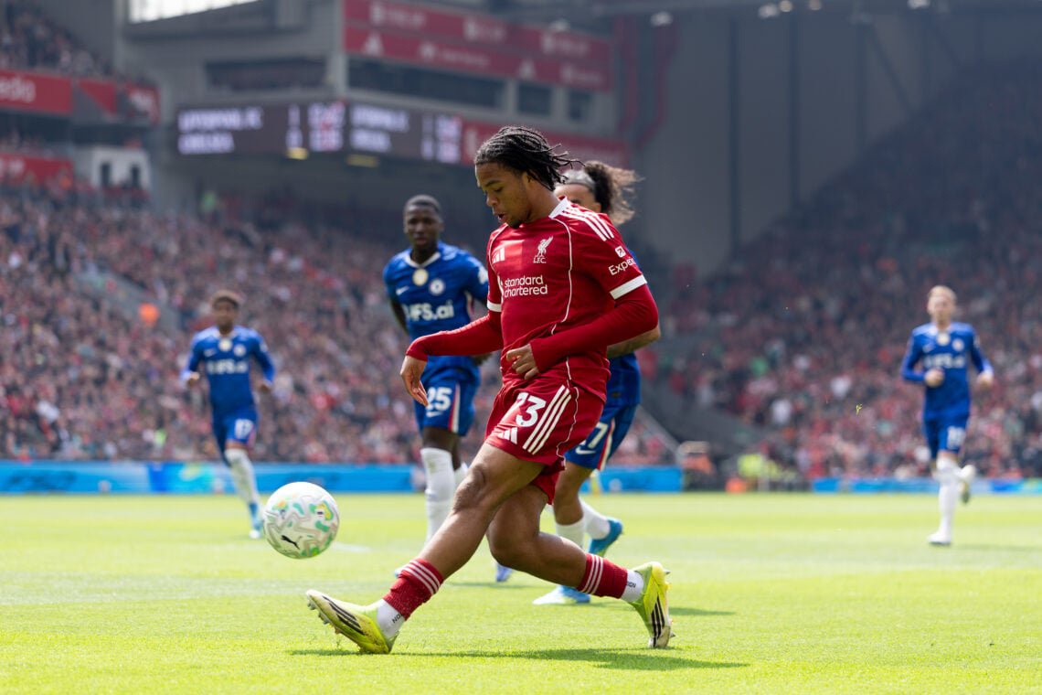 Rio Ngumoha of Liverpool passes the ball during the Premier League match between Liverpool and Chelsea at Anfield