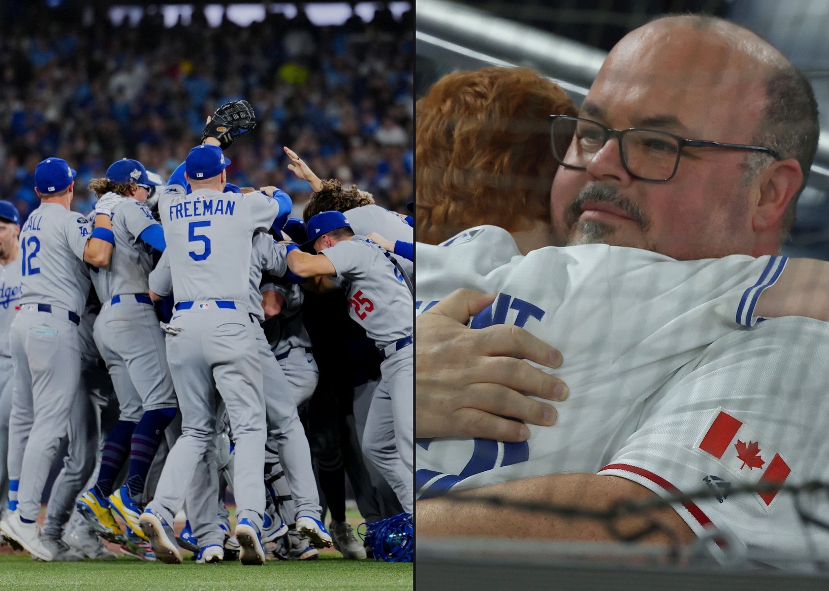 Split image: Dodgers players in grey road uniforms pile together celebrating on the field, beside a Blue Jays fan in a white jersey with a Canada flag patch hugging a red-haired child wearing a Clement jersey.