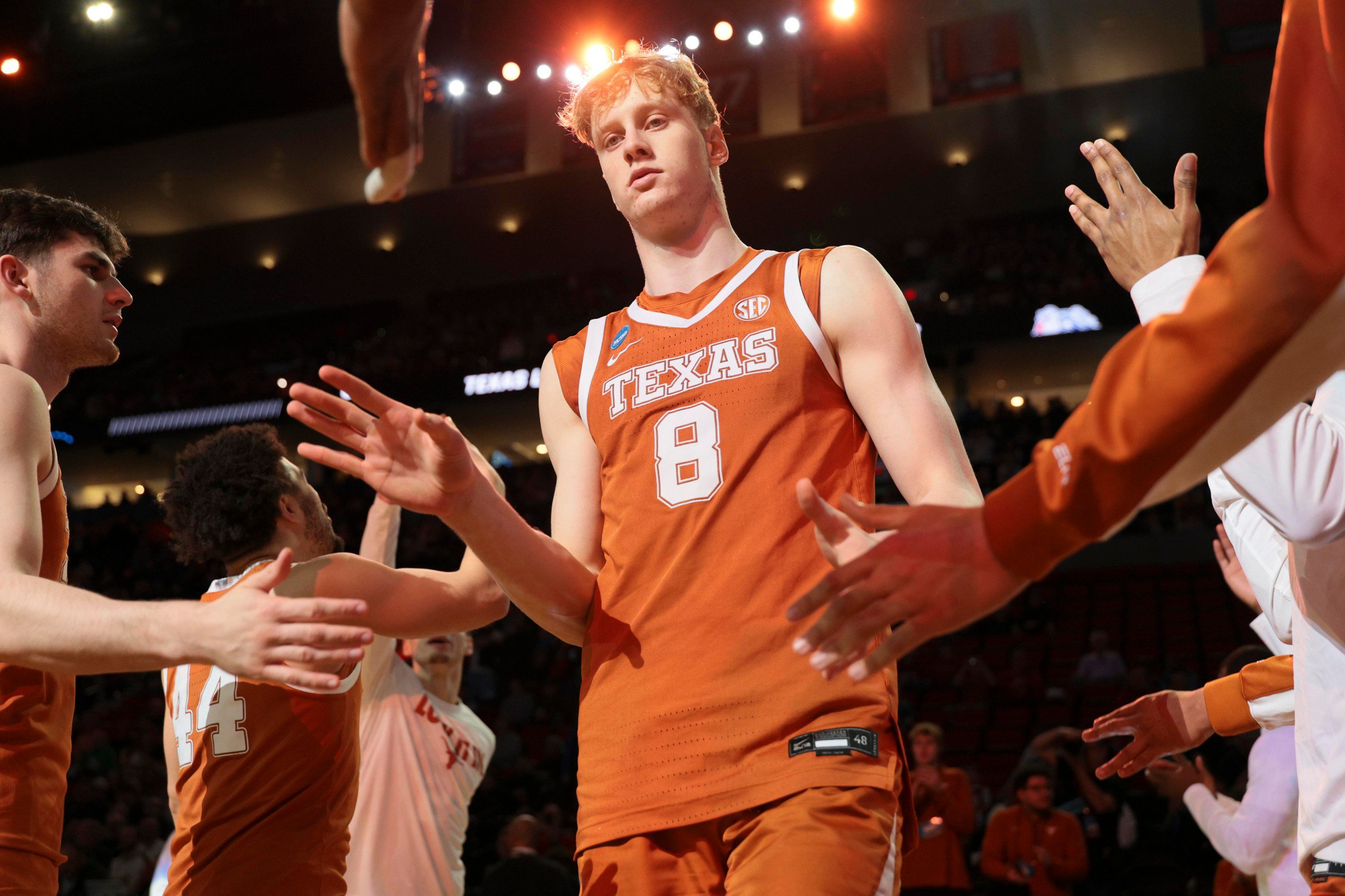 PORTLAND, OREGON - MARCH 21: Matas Vokietaitis #8 of the Texas Longhorns is introduced against the Gonzaga Bulldogs during the second round of the 2026 NCAA Men’s Basketball Tournament held at Moda Center on March 21, 2026 in Portland, Oregon. (Photo by C. Morgan Engel/NCAA Photos via Getty Images)