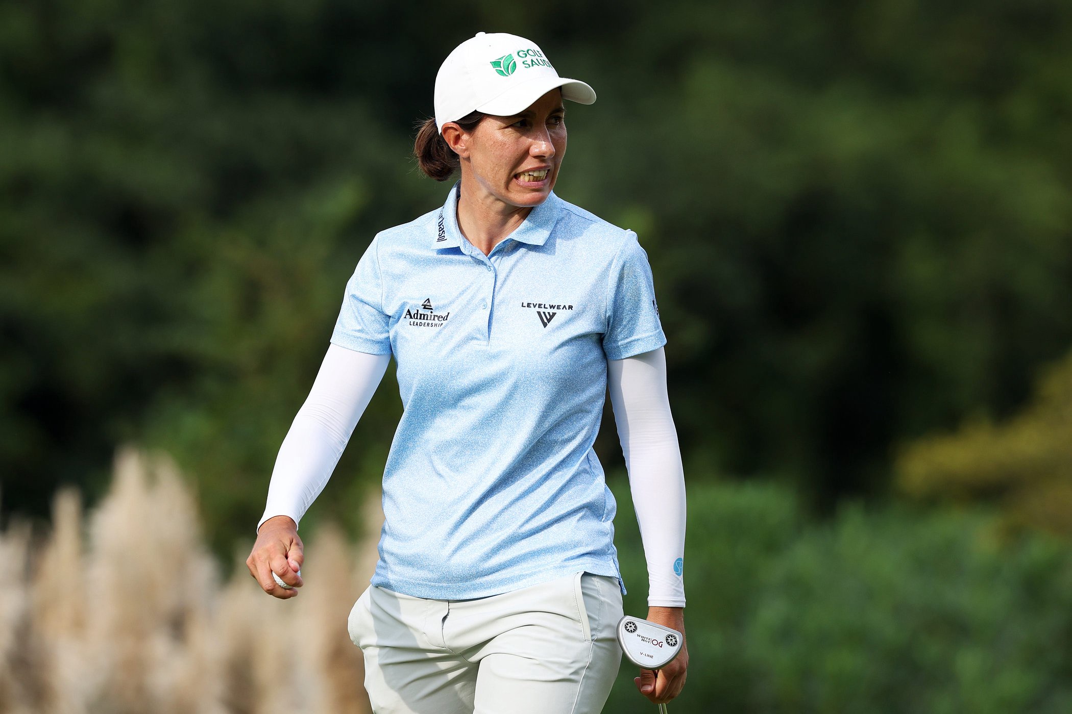 Carlota Ciganda of Spain reacts after sinking a putt on the 16th green during the third round of the Buick LPGA Shanghai 2026 at Sheshan Golf Club on October 17, 2026 in Shanghai, China. 