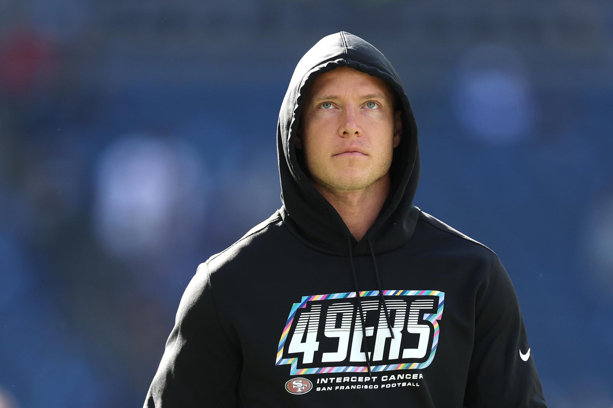 Christian McCaffrey #23 of the San Francisco 49ers looks on before a game against the Seattle Seahawks at Lumen Field in Seattle, Sunday, Oct. 11, 2026.