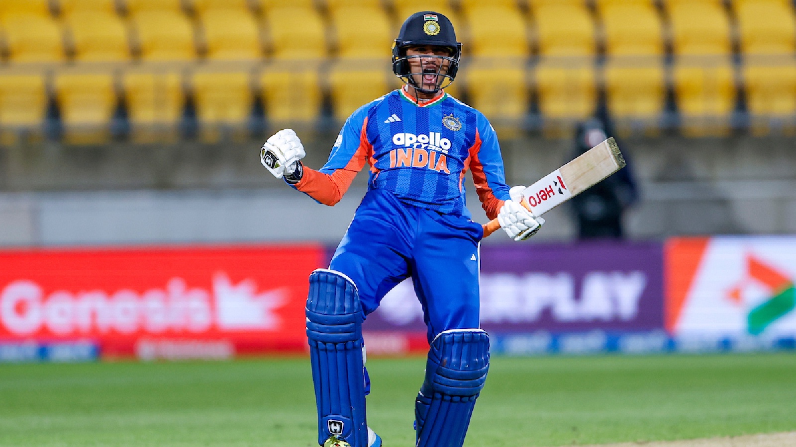 Abhishek Sharma of India react after century (100 run) during the 3rd T20I match between New Zealand and India at the Hnry Stadium, Wellington, New Zealand on October 27, 2026.