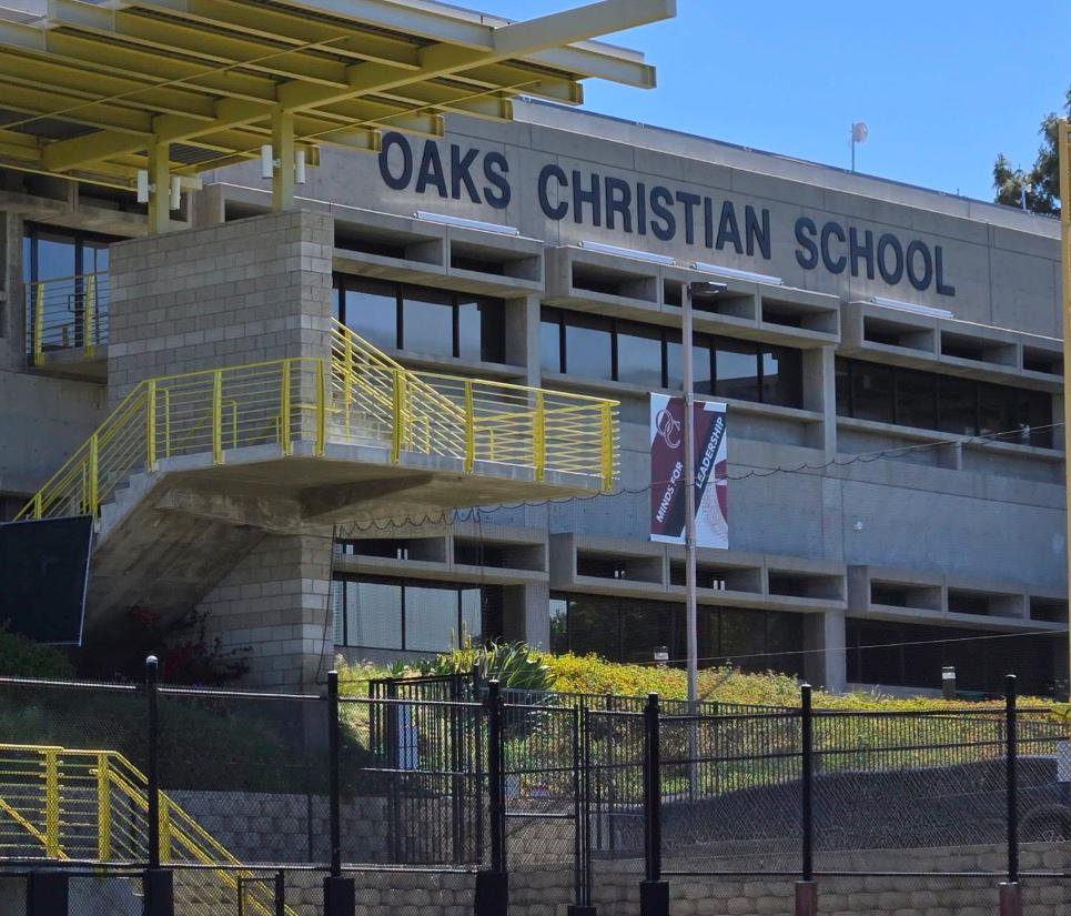 Exterior view of the Oaks Christian School building.