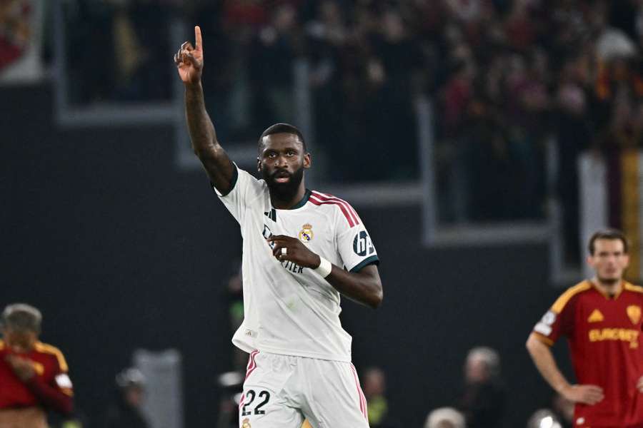 Real Madrid's Antonio Rudiger celebrates scoring the winner in Rome