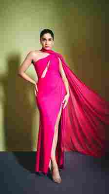 Sharvari Wagh captivates in a bold fuchsia gown with an asymmetric design and flowing cape, creating a dramatic and striking silhouette.