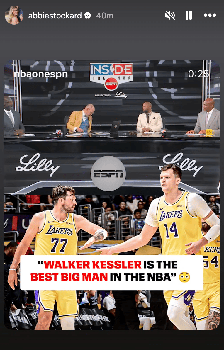 Screenshot of an Inside the NBA broadcast with a graphic of two Los Angeles Lakers players and a text overlay stating, "Walker Kessler is the best big man in the NBA".